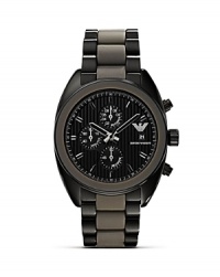 A hard-hitting take on sporty style, Emporio Armani's bold black-faced chronograph is an athletic add-on. Wear it to work or to work out; it will be on-trend anywhere you fasten it. A hard-hitting take on sporty style, Emporio Armani's bold black-faced chronograph is an athletic add-on. Wear it to work or to work out; it will be on-trend anywhere you fasten it.