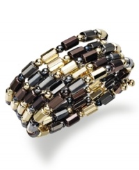 Three's company with this chic coiled bracelet from Alfani. Featuring multi-toned beads and tubular accents. Crafted in gold tone, hematite tone and chocolate tone mixed metal. Approximate diameter: 2 inches. Three's company with this chic coiled bracelet from Alfani. Featuring multi-toned beads and tubular accents. Crafted in gold tone, hematite tone and chocolate tone mixed metal. Approximate diameter: 2 inches.