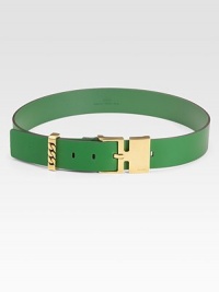 A chic design featuring supple leather embellished with a signature engraved metal buckle and chain link belt keeper. Width, about 1½made in Italy A chic design featuring supple leather embellished with a signature engraved metal buckle and chain link belt keeper. Width, about 1½made in Italy