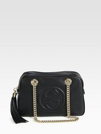 A classic shape with stunning gold chain straps, this leather shoulder bag deserves all the attention it gets.LeatherLight fine gold hardwareDouble shoulder chain straps mounted with rivets, 7.9 dropTop zip closureEmbossed interlocking GDetachable leather tasselNatural cotton linen liningSmall size: 11W x 7H x 3DMade in Italy A classic shape with stunning gold chain straps, this leather shoulder bag deserves all the attention it gets.LeatherLight fine gold hardwareDouble shoulder chain straps mounted with rivets, 7.9 dropTop zip closureEmbossed interlocking GDetachable leather tasselNatural cotton linen liningSmall size: 11W x 7H x 3DMade in Italy