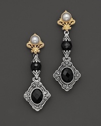 These dangling drops of sterling silver and 18K yellow gold feature pearls and faceted onyx. By Konstantino. These dangling drops of sterling silver and 18K yellow gold feature pearls and faceted onyx. By Konstantino.