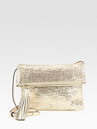 This beautiful textured, woven leather style features zippered pocket in the flap and a convenient detachable strap.Detachable adjustable shoulder strap, 13-23¾ dropFlap closure with zip compartmentLarge tassel zipper pullOne inside zip pocketOne inside open pocketCotton lining11¾W X 8½H X 1DImported This beautiful textured, woven leather style features zippered pocket in the flap and a convenient detachable strap.Detachable adjustable shoulder strap, 13-23¾ dropFlap closure with zip compartmentLarge tassel zipper pullOne inside zip pocketOne inside open pocketCotton lining11¾W X 8½H X 1DImported