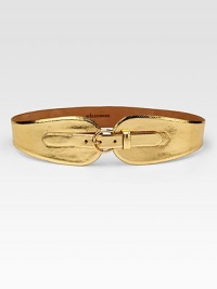 This wide metallic style has a goldtone brass buckle and is lined in supple calf leather. Width, about 3½ Made in USA This wide metallic style has a goldtone brass buckle and is lined in supple calf leather. Width, about 3½ Made in USA