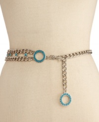Let your style come full circle. This charming double chain belt by Kenneth Jay Lane features a two circular accents with faux-coral stone detail. Let your style come full circle. This charming double chain belt by Kenneth Jay Lane features a two circular accents with faux-coral stone detail.