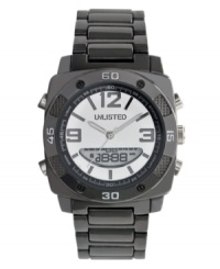 Arm yourself for anything with this masculine watch by Unlisted. Gunmetal tone mixed metal bracelet and round case with numerals and knurling at bezel. White analog-digital dial features numerals at twelve, three and nine o'clock, stick indices, positive display digital dial at six o'clock, luminous hands and logo. Quartz movement. Splash resistant. Two-year limited warranty. Arm yourself for anything with this masculine watch by Unlisted. Gunmetal tone mixed metal bracelet and round case with numerals and knurling at bezel. White analog-digital dial features numerals at twelve, three and nine o'clock, stick indices, positive display digital dial at six o'clock, luminous hands and logo. Quartz movement. Splash resistant. Two-year limited warranty.