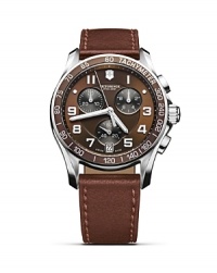 Check the time in military-inspired fashion. With a brown leather strap and sporty dial, Victorinox's army-inspired watch is a commanding accent for citified looks. Check the time in military-inspired fashion. With a brown leather strap and sporty dial, Victorinox's army-inspired watch is a commanding accent for citified looks.