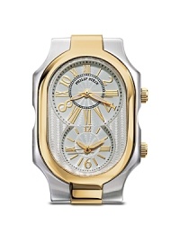 A beautifully constructed watch head from Philip Stein, featuring double quartz analog display with sapphire coating and yellow gold accents. A beautifully constructed watch head from Philip Stein, featuring double quartz analog display with sapphire coating and yellow gold accents.