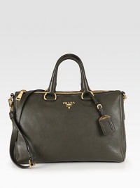 Leather design with metal logo detail and a removable strap.Double top handles, 5 dropAdjustable detachable shoulder strap, 17½-20¼ dropTop zip closureProtective metal feetOne inside zip pocketTwo inside open pocketsPrada logo lining15W X 11¾H X 4¾DMade in Italy Leather design with metal logo detail and a removable strap.Double top handles, 5 dropAdjustable detachable shoulder strap, 17½-20¼ dropTop zip closureProtective metal feetOne inside zip pocketTwo inside open pocketsPrada logo lining15W X 11¾H X 4¾DMade in Italy