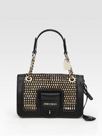 Lady-like in a sumptuous leather carryall finished with woven raffia trim and a chic chain strap.Leather and chain top handle, 7 dropPush-lock flap closureOne inside zip pocketOne inside open pocketSuede lining10¾W X 6½H X 3¼DMade in Italy Lady-like in a sumptuous leather carryall finished with woven raffia trim and a chic chain strap.Leather and chain top handle, 7 dropPush-lock flap closureOne inside zip pocketOne inside open pocketSuede lining10¾W X 6½H X 3¼DMade in Italy