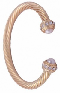 Gold Twisted Cuff Bracelet With Diamond and White Pearl Tips Inspired By David Yurman Gold Twisted Cuff Bracelet With Diamond and White Pearl Tips Inspired By David Yurman