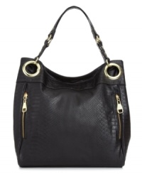 Posh and practical, this hold-everything tote from Steve Madden is accented with glam golden hardware and dressed from top-to-toe in faux snakeskin-embossed leather. It's ultra-roomy interior has perfectly placed pockets for phone, PDA and any other little essentials you need safely stowed away. Posh and practical, this hold-everything tote from Steve Madden is accented with glam golden hardware and dressed from top-to-toe in faux snakeskin-embossed leather. It's ultra-roomy interior has perfectly placed pockets for phone, PDA and any other little essentials you need safely stowed away.