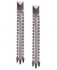 Fashion that gets to the point. Spiked embellishments swing from purple-hued crystal chains on Bar III's drop earrings. Crafted in hematite tone mixed metal. Approximate drop: 3 inches. Fashion that gets to the point. Spiked embellishments swing from purple-hued crystal chains on Bar III's drop earrings. Crafted in hematite tone mixed metal. Approximate drop: 3 inches.