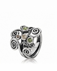 Inspired by the essence of autumn, this PANDORA ring features swirling sterling silver with green, brown and champagne zirconia stones. Inspired by the essence of autumn, this PANDORA ring features swirling sterling silver with green, brown and champagne zirconia stones.