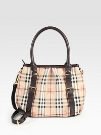 The signature check defines this structured canvas design, finished with ultra-rich leather trim. Double leather top handles, 8 dropAdjustable detachable leather shoulder strap, 19½-21 dropSnap top closureOne zipper compartmentOne inside zip pocketTwo inside open pocketsCotton and leather lining14½W X 14H X 4DMade in Italy The signature check defines this structured canvas design, finished with ultra-rich leather trim. Double leather top handles, 8 dropAdjustable detachable leather shoulder strap, 19½-21 dropSnap top closureOne zipper compartmentOne inside zip pocketTwo inside open pocketsCotton and leather lining14½W X 14H X 4DMade in Italy