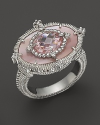 A pink mother-of-pearl and crystal sterling silver ring with white sapphire accents. By Judith Ripka. A pink mother-of-pearl and crystal sterling silver ring with white sapphire accents. By Judith Ripka.