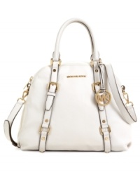 A versatile design ready to take you from the work place to the weekend. This classic bowling satchel by MICHAEL Michael Kors features elegant signature detailing and polished roller buckle detail. A versatile design ready to take you from the work place to the weekend. This classic bowling satchel by MICHAEL Michael Kors features elegant signature detailing and polished roller buckle detail.