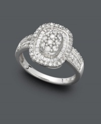 Nothing spells out glamour more than a vintage-inspired design accentuated with diamonds. This intricate style features round and baguette-cut diamonds (3/4 ct. t.w.) set in 14k white gold. Nothing spells out glamour more than a vintage-inspired design accentuated with diamonds. This intricate style features round and baguette-cut diamonds (3/4 ct. t.w.) set in 14k white gold.