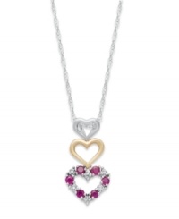 Three times the love. This pretty pendant features not one, not two, but three adorable cut-out hearts. Crafted in 14k gold and sterling silver with round-cut rubies (1/4 ct. t.w.) and sparkling diamond accents. Approximate length: 18 inches. Approximate drop: 1 inch. Three times the love. This pretty pendant features not one, not two, but three adorable cut-out hearts. Crafted in 14k gold and sterling silver with round-cut rubies (1/4 ct. t.w.) and sparkling diamond accents. Approximate length: 18 inches. Approximate drop: 1 inch.