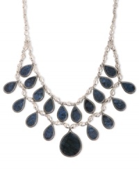 Splash onto the scene. This statement necklace from Lucky Brand is crafted from silver-tone mixed metal with semi-precious azurite and calcite teardrop-shaped stones providing a stylish touch. Approximate length: 19-1/2 inches + 2-inch extender. Approximate drop: 9 inches. Splash onto the scene. This statement necklace from Lucky Brand is crafted from silver-tone mixed metal with semi-precious azurite and calcite teardrop-shaped stones providing a stylish touch. Approximate length: 19-1/2 inches + 2-inch extender. Approximate drop: 9 inches.
