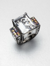 A beautiful Art Deco-inspired design with a center white topaz stone accented with multi-colored sapphire stones and glossy enamel set in an intricate rhodium-plated sterling silver shank. White topazMulti-colored sapphiresEnamelRhodium-plated sterling silverImported A beautiful Art Deco-inspired design with a center white topaz stone accented with multi-colored sapphire stones and glossy enamel set in an intricate rhodium-plated sterling silver shank. White topazMulti-colored sapphiresEnamelRhodium-plated sterling silverImported