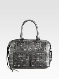This classic tweed pattern is freshened with glimmering metallic leather trim for on-the-go style. Detachable shoulder strap, 18½ dropDouble top handles, 6 dropTop zip closure One outside open pocketProtective metal feetOne inside zip pocketTwo inside open pocketsCotton lining12½W X 8H X 7DImported This classic tweed pattern is freshened with glimmering metallic leather trim for on-the-go style. Detachable shoulder strap, 18½ dropDouble top handles, 6 dropTop zip closure One outside open pocketProtective metal feetOne inside zip pocketTwo inside open pocketsCotton lining12½W X 8H X 7DImported