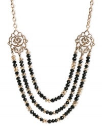 Good things come in threes as seen by this necklace from Lucky Brand. Crafted from gold-tone mixed metal, the collar features three rows of semi-precious onyx stones and glistening glass accents. Approximate length: 20 inches + 2-inch extender. Approximate drop: 1-3/4 inches. Good things come in threes as seen by this necklace from Lucky Brand. Crafted from gold-tone mixed metal, the collar features three rows of semi-precious onyx stones and glistening glass accents. Approximate length: 20 inches + 2-inch extender. Approximate drop: 1-3/4 inches.