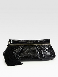 A glossy patent leather style with a crushed texture accented with zipper trim and a large suede tassel.Top zip closure with large tasselOne inside zip pocketFully lined15W X 6H X 4DMade in Italy A glossy patent leather style with a crushed texture accented with zipper trim and a large suede tassel.Top zip closure with large tasselOne inside zip pocketFully lined15W X 6H X 4DMade in Italy