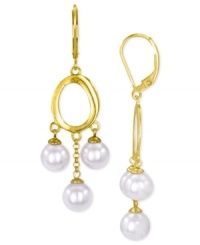 Refined elegance. Majorica's pair of drop earrings radiates class with organic man-made pearls (7-8 mm). Crafted from 18k gold over sterling silver. Approximate drop: 2-1/2 inches. Refined elegance. Majorica's pair of drop earrings radiates class with organic man-made pearls (7-8 mm). Crafted from 18k gold over sterling silver. Approximate drop: 2-1/2 inches.
