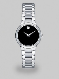 Serio bracelet watch in solid stainless steel with black Museum dial, partially set with diamonds. Swiss quartz movementWater resistant to 3 ATMRound stainless steel case, 26mm (1) Diamond accented bezel, 0.126 tcwBlack dialStainless steel braceletMade in Switzerland Serio bracelet watch in solid stainless steel with black Museum dial, partially set with diamonds. Swiss quartz movementWater resistant to 3 ATMRound stainless steel case, 26mm (1) Diamond accented bezel, 0.126 tcwBlack dialStainless steel braceletMade in Switzerland