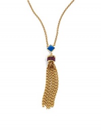 THE LOOKPendant designSwarovski crystal & turquoise accentsTassel detailCircle chainAntique gold-plated settingTHE MEASUREMENTPendant length, about 4.5Length, about 29ORIGINMade in USA THE LOOKPendant designSwarovski crystal & turquoise accentsTassel detailCircle chainAntique gold-plated settingTHE MEASUREMENTPendant length, about 4.5Length, about 29ORIGINMade in USA