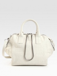 A roomy carryall design with an edgy connected snake chain zipper pull.Double top handles, 4½ dropDetachable shoulder strap, 16½ dropTop zip closureProtective metal feetTwo inner compartmentsOne inside zip pocketTwo inside open pocketsFully lined17W X 10H X 5¼DImported A roomy carryall design with an edgy connected snake chain zipper pull.Double top handles, 4½ dropDetachable shoulder strap, 16½ dropTop zip closureProtective metal feetTwo inner compartmentsOne inside zip pocketTwo inside open pocketsFully lined17W X 10H X 5¼DImported
