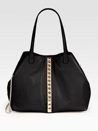 This beautifully supple leather design features shiny pyramid stud accents.Double top handles, 9 dropChain shoulder strap, 12 dropCenter buckle strap closureProtective metal feetOne inside zip pocketTwo inside open pocketsCotton lining16W X 13H X 8DMade in Italy This beautifully supple leather design features shiny pyramid stud accents.Double top handles, 9 dropChain shoulder strap, 12 dropCenter buckle strap closureProtective metal feetOne inside zip pocketTwo inside open pocketsCotton lining16W X 13H X 8DMade in Italy