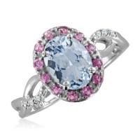 Natural Aquamarine, Pink Tourmaline, Diamond Ring in 10k White Gold, 1.25 cttw, Certificate of Authenticity