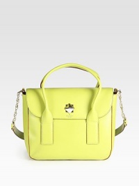 A fresh leather style in a bold hue with chic silvertone hardware.Double top handles, 4 dropDetachable shoulder strap, 15 dropTurnlock closureProtective metal feetTwo open and one zip inner compartmentsCotton lining11W X 9½H X 4DImported A fresh leather style in a bold hue with chic silvertone hardware.Double top handles, 4 dropDetachable shoulder strap, 15 dropTurnlock closureProtective metal feetTwo open and one zip inner compartmentsCotton lining11W X 9½H X 4DImported