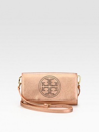 Stunning metallic pebbled leather with an iconic, perforated logo emblem and versatile detachable strap.Detachable adjustable shoulder strap, 20½-22½ dropMagnetic snap flap closureOne inside open pocketCotton lining8W X 4½H X 1½DImported Stunning metallic pebbled leather with an iconic, perforated logo emblem and versatile detachable strap.Detachable adjustable shoulder strap, 20½-22½ dropMagnetic snap flap closureOne inside open pocketCotton lining8W X 4½H X 1½DImported