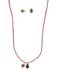 The eyes have it. This necklace and stud earrings set from RACHEL Rachel Roy is crafted from gold-tone and silver-tone mixed metal with glass stones making it quite the sight. Approximate necklace length: 15 inches. Approximate drop: 1/4 inch. Approximate diameter, earrings: 1/4 inch. The eyes have it. This necklace and stud earrings set from RACHEL Rachel Roy is crafted from gold-tone and silver-tone mixed metal with glass stones making it quite the sight. Approximate necklace length: 15 inches. Approximate drop: 1/4 inch. Approximate diameter, earrings: 1/4 inch.