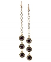 Good things come in threes, and that's the case with this pair of linear drop earrings from Jessica Simpson. Crafted from gold-tone mixed metal, the earrings stand out with red faceted stones adding a stylish element. Approximate drop: 3-1/4 inches. Good things come in threes, and that's the case with this pair of linear drop earrings from Jessica Simpson. Crafted from gold-tone mixed metal, the earrings stand out with red faceted stones adding a stylish element. Approximate drop: 3-1/4 inches.