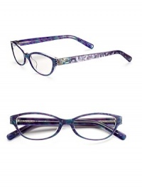 THE LOOKPlastic mosaic framesCat's-eye shapeAustrian stone details on temples and tipsTHE COLORBlue and turquoise mosaic frames with clear lensesORIGINImported THE LOOKPlastic mosaic framesCat's-eye shapeAustrian stone details on temples and tipsTHE COLORBlue and turquoise mosaic frames with clear lensesORIGINImported