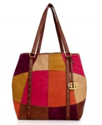 Peace out with this colorblock patch tote from Red by Marc Ecko that evokes a vintage '70s vibe with an updated attitude. Crafted in soft suede with golden stud accents, its sleek shape is perfectly sized for all your day-to-day essentials. Peace out with this colorblock patch tote from Red by Marc Ecko that evokes a vintage '70s vibe with an updated attitude. Crafted in soft suede with golden stud accents, its sleek shape is perfectly sized for all your day-to-day essentials.