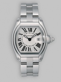 Stainless steel case has white lacquered dial, stainless steel bracelet and two interchangeable straps. Luminescent oxidized steel hands Case, 37mm X 33mm, 1.46 X 1.29 Case depth, 8.9mm, 0.35 Roman numerals, date Cartier caliber 688 quartz movement Water-resistant to 330 feet Band width, 15.5mm, 0.61 Adjustable steel buckle Made in Switzerland Stainless steel case has white lacquered dial, stainless steel bracelet and two interchangeable straps. Luminescent oxidized steel hands Case, 37mm X 33mm, 1.46 X 1.29 Case depth, 8.9mm, 0.35 Roman numerals, date Cartier caliber 688 quartz movement Water-resistant to 330 feet Band width, 15.5mm, 0.61 Adjustable steel buckle Made in Switzerland