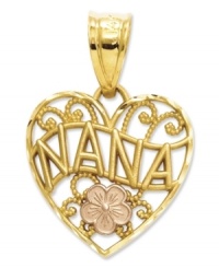 Perfect for your favorite grandma, or Nana. This lovely scrolling heart charm features a 14k gold setting with a 14k rose gold flower accent. Chain not included. Approximate length: 8/10 inch. Approximate width: 6/10 inch. Perfect for your favorite grandma, or Nana. This lovely scrolling heart charm features a 14k gold setting with a 14k rose gold flower accent. Chain not included. Approximate length: 8/10 inch. Approximate width: 6/10 inch.
