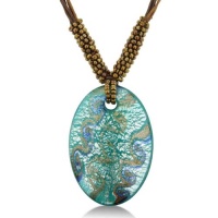 Blue, Gold, and Aqua Oval Pendant on 19 Inch Beaded Cord Necklace