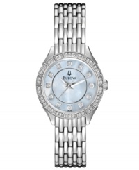 Treat a loved one -- or yourself -- to this elegant Crystal Dress collection watch from Bulova. Encrusted with shimmering crystal accents and printed with darling floral designs. Treat a loved one -- or yourself -- to this elegant Crystal Dress collection watch from Bulova. Encrusted with shimmering crystal accents and printed with darling floral designs.