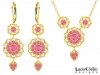 European Style 24K Gold Plated over .925 Sterling Silver Necklace and Earrings Set Designed by Lucia Costin with Multi Petal Flowers, Pink Swarovski Crystals and Cute Charms; Handmade in USA