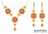 Lucia Costin Necklace and Earrings Set Made of 24K Gold Plated over .925 Sterling Silver with Pink, Red Swarovski Crystals, 6 Petal Flowers and Triangle Shaped Filigree Elements; Handmade in USA