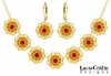 24K Gold Plated over .925 Sterling Silver Necklace and Earrings Set by Lucia Costin Garnished with Red, Yellow Swarovski Crystals and Multi Petal Flowers Surrounded by Dots; Handmade in USA
