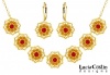 24K Gold Plated over .925 Sterling Silver Necklace and Earrings Set by Lucia Costin Garnished with Red, Yellow Swarovski Crystals and Multi Petal Flowers Surrounded by Dots; Handmade in USA