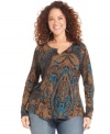 Enliven your casual bottoms with Lucky Brand Jeans' long sleeve plus size top, featuring a dynamic print.