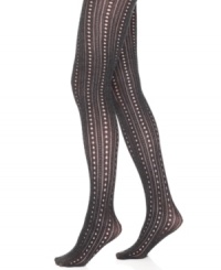 A mini skirt's best friend. With elongating, openwork stripes, these marl pointelle print tights from HUE add interest to any ensemble. A mini skirt's best friend. With elongating, openwork stripes, these marl pointelle print tights from HUE add interest to any ensemble.