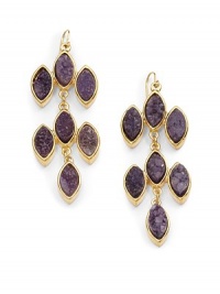 THE LOOKChandelier designDruzy accentsGoldplated brass settingEar wireTHE MEASUREMENTWidth, about 1Length, about 2ORIGINMade in USA THE LOOKChandelier designDruzy accentsGoldplated brass settingEar wireTHE MEASUREMENTWidth, about 1Length, about 2ORIGINMade in USA